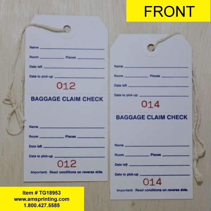 Baggage claim check tags with knotted string attached to tag AMS Printing