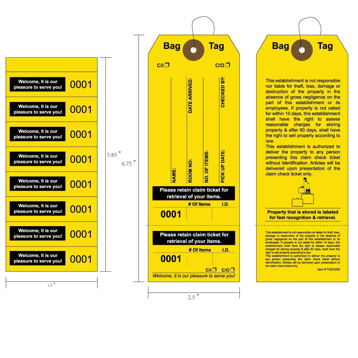 Yellow Colored Baggage Claim Check Tags with 8 Labels AMS Printing
