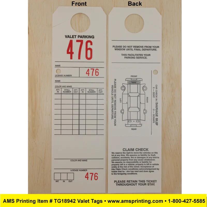 Parking valet tags for parking lots and for hotels AMS Printing