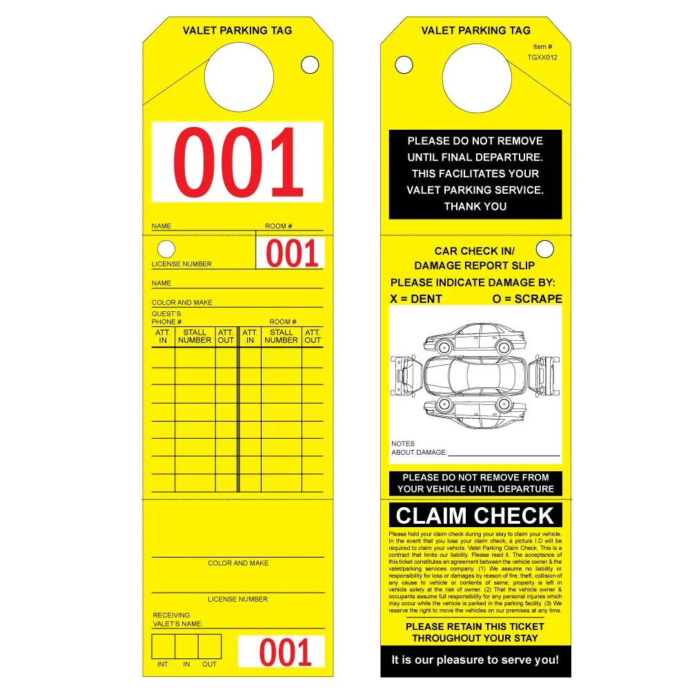 Parking valet tags for parking lots and for hotels AMS Printing