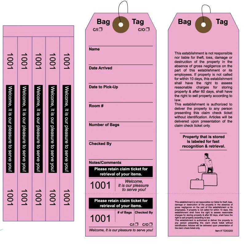 Pink Colored Baggage Claim Check Tags with 5 Labels AMS Printing