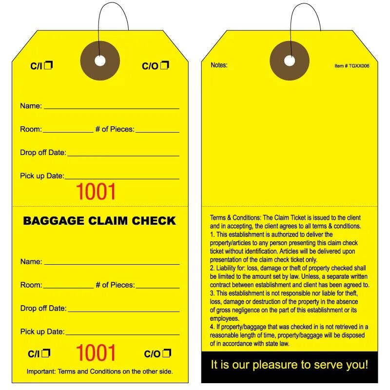 Baggage claim check tags with knotted string attached to tag AMS Printing