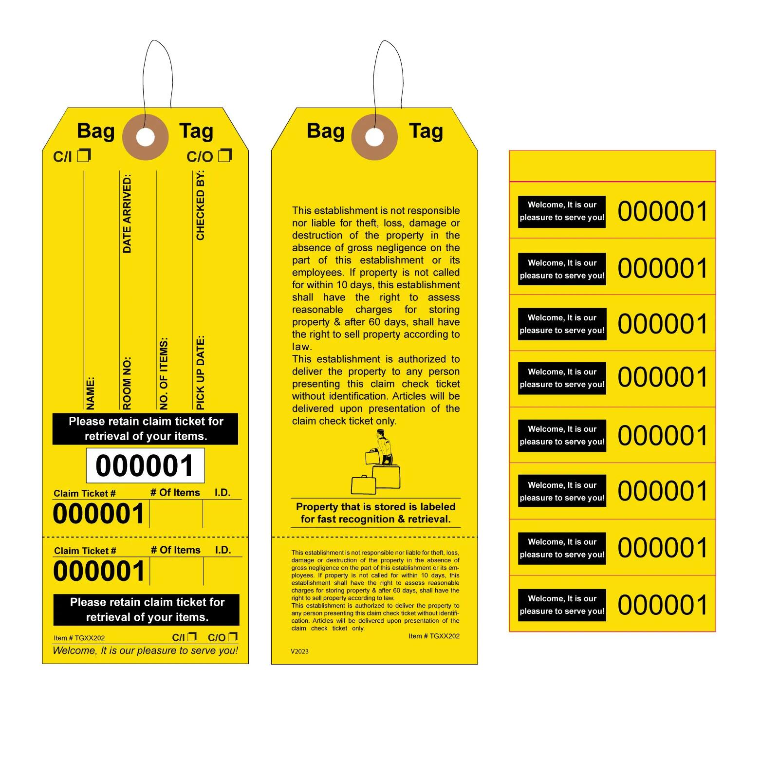 Yellow Colored Baggage Claim Check Tags with 8 Labels AMS Printing