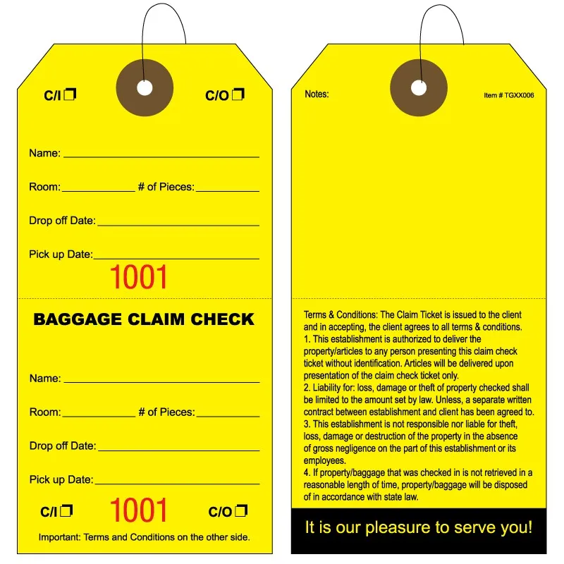 Baggage claim check tags with elastic string attached to tag AMS