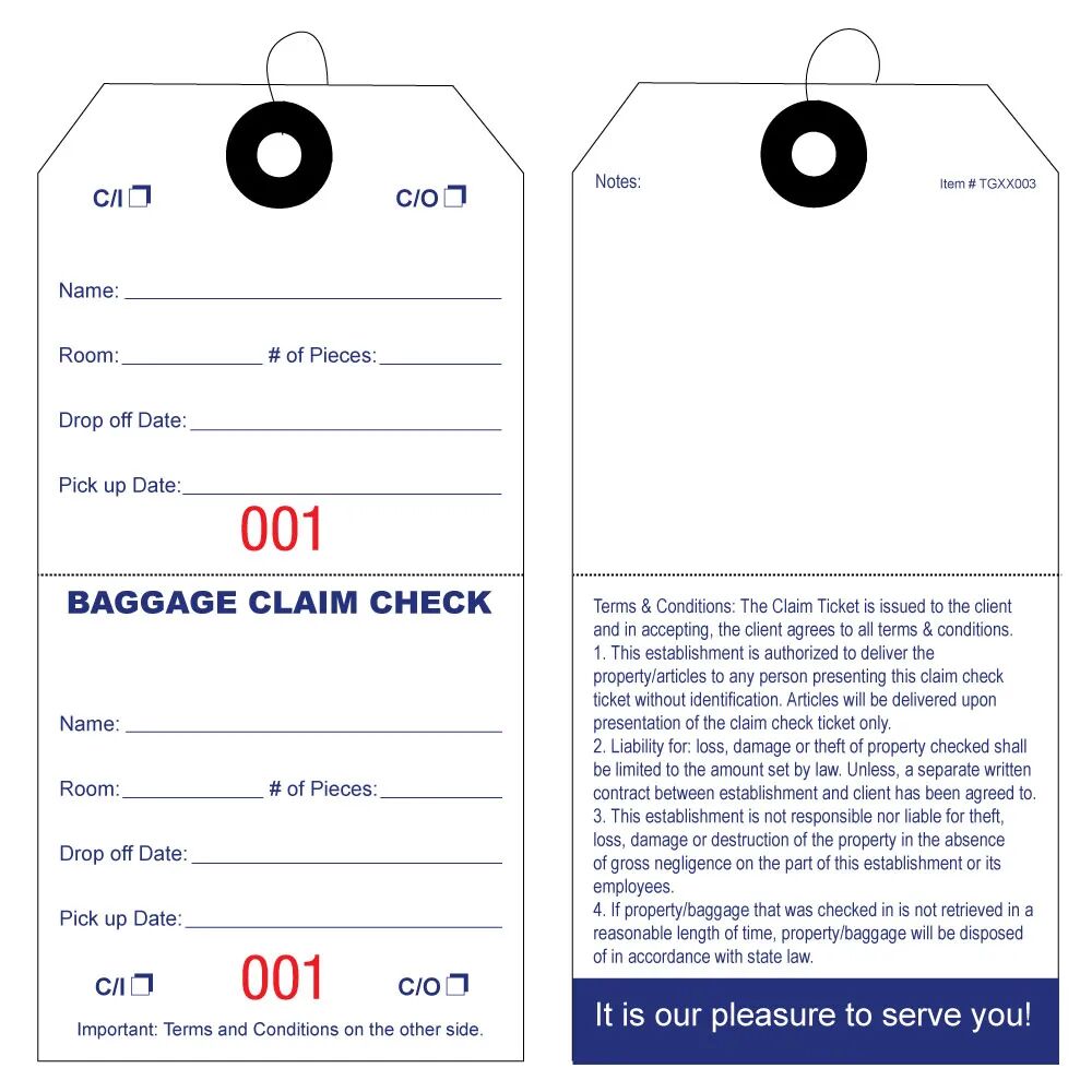 Baggage claim check tags with elastic string attached to tag AMS Printing