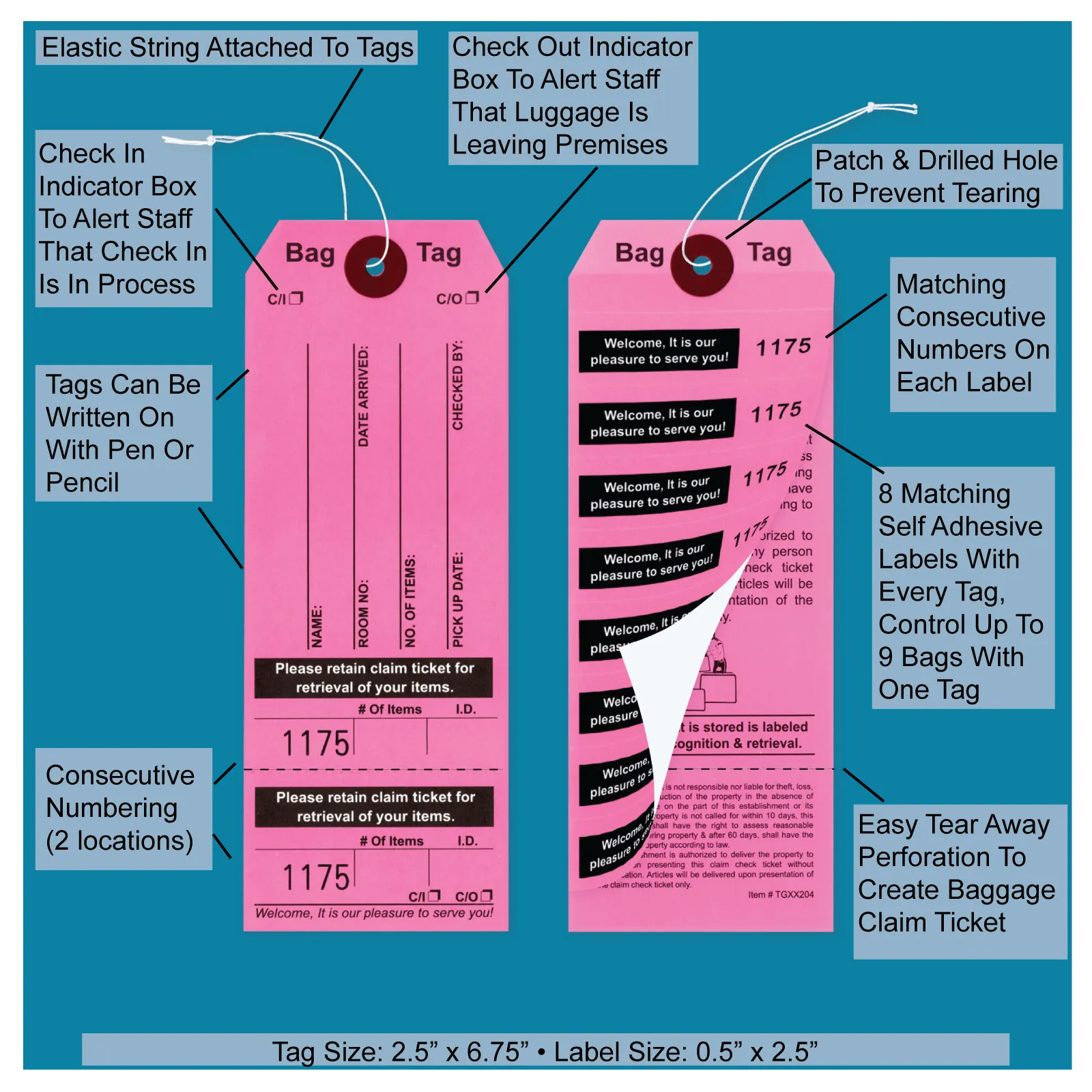 Pink Colored Baggage Claim Check Tags with 8 Labels - AMS