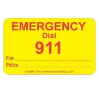 Fire & Police Emergency Dial 911 Label, 1.25" x 2", Yellow & Red