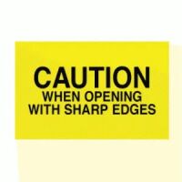 "CAUTION WHEN OPENING WITH SHARP EDGES" Label 