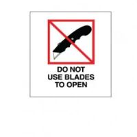 "DO NOT USE BLADES TO OPEN" Label 
