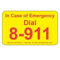 In Case of Emergency  Dial 8-911 Phone Labels, 1.25" x 2", Yellow & Red 