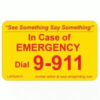 See Something Say Something Emergency 9-911 Label, 1.25" x 2", Yellow & Red