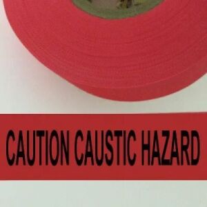 Caution Caustic Hazard Tape, Fl. Red 